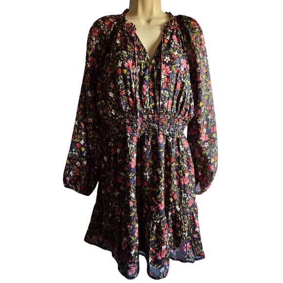 NWT Old Navy Women's Long Sleeve Floral Boho Mini Dress M Tall Black Metallic - Picture 3 of 15